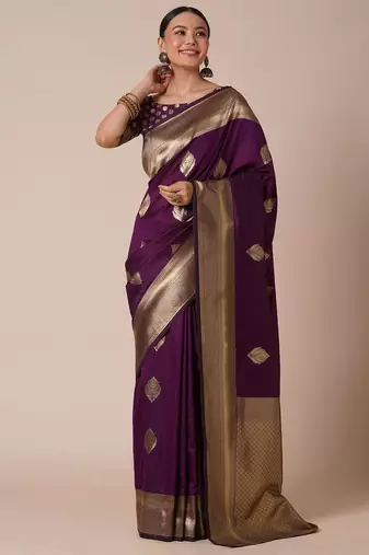 Purple woven design zari silk blend banarasi saree