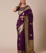 Purple woven design zari silk blend banarasi saree