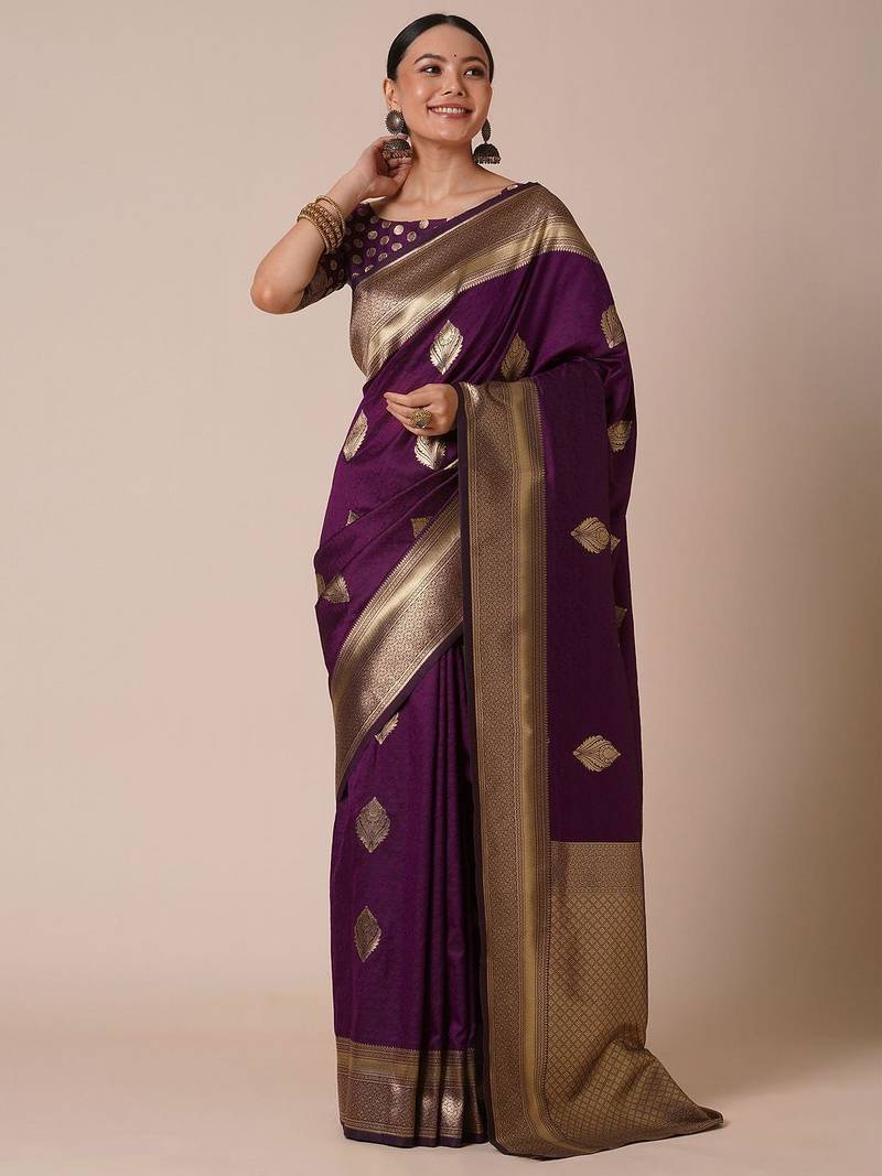 Purple woven design zari silk blend banarasi saree