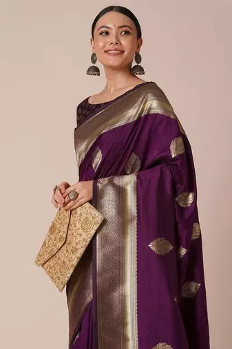 Purple woven design zari silk blend banarasi saree