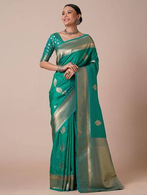 green bagh woven design zari banarasi silk blend saree 1