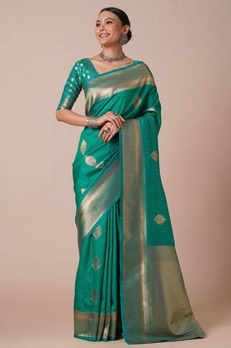 green bagh woven design zari banarasi silk blend saree