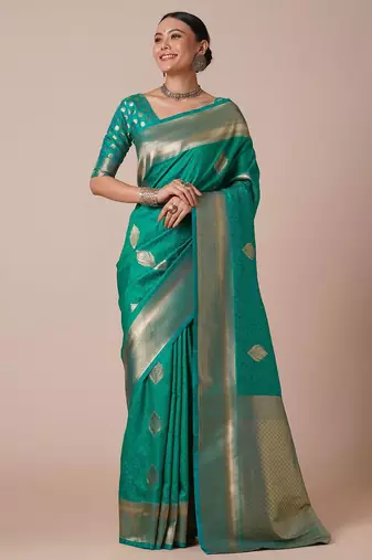 green bagh woven design zari banarasi silk blend saree