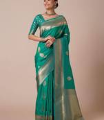 green bagh woven design zari banarasi silk blend saree