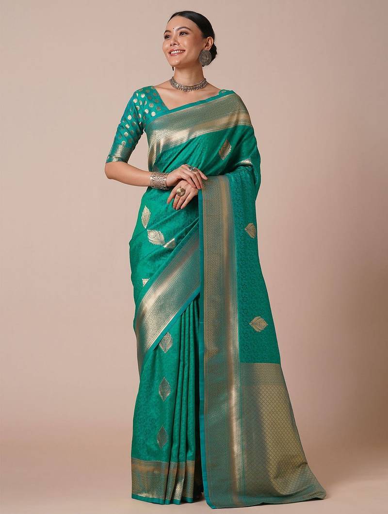 green bagh woven design zari banarasi silk blend saree