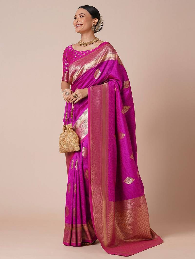 pink woven design zari ethnic banarasi silk blend saree