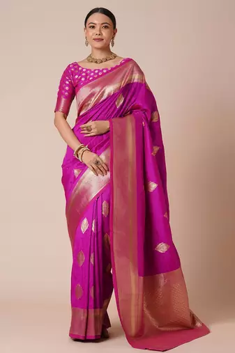 pink woven design zari ethnic banarasi silk blend saree