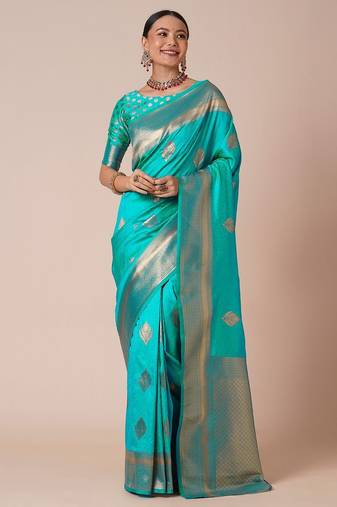 Blue woven design zari silk blend banarasi saree