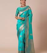 Blue woven design zari silk blend banarasi saree
