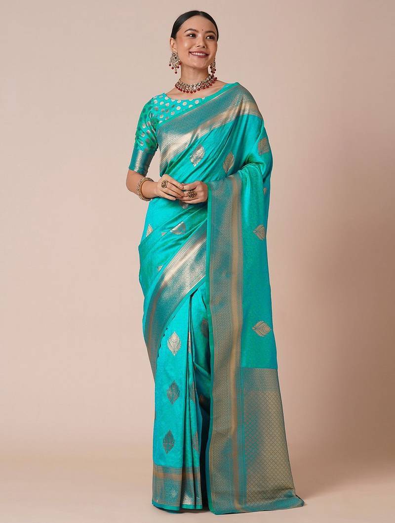 Blue woven design zari silk blend banarasi saree