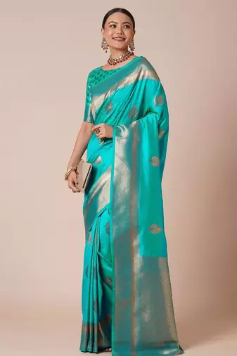 Blue woven design zari silk blend banarasi saree