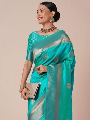 Blue woven design zari silk blend banarasi saree 4