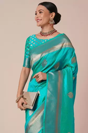 Blue woven design zari silk blend banarasi saree