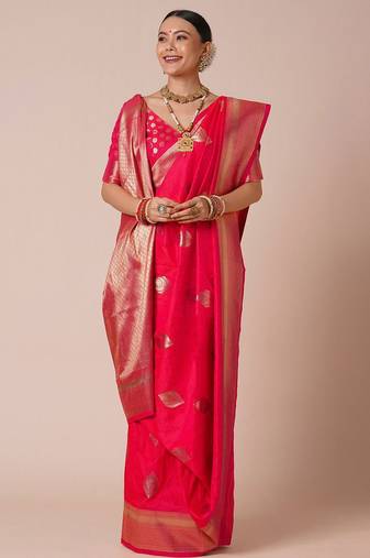 Pink woven design zari silk blend banarasi saree