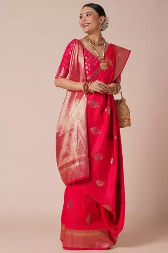 Pink woven design zari silk blend banarasi saree