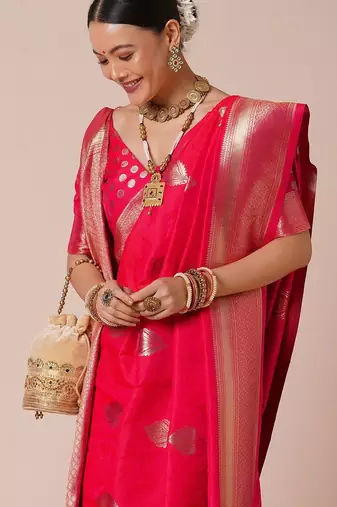 Pink woven design zari silk blend banarasi saree