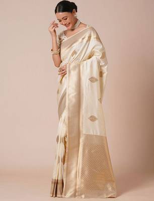 cream woven design zari banarasi silk blend saree 1