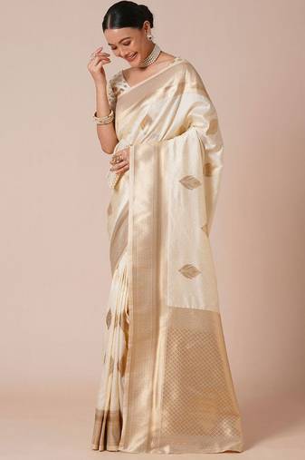cream woven design zari banarasi silk blend saree