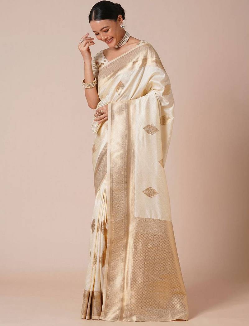 cream woven design zari banarasi silk blend saree