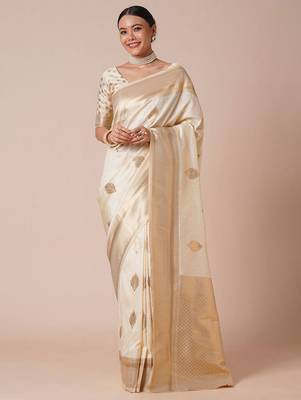 cream woven design zari banarasi silk blend saree 2