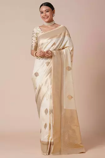 cream woven design zari banarasi silk blend saree