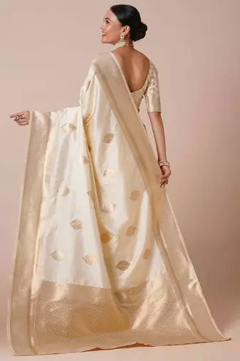 cream woven design zari banarasi silk blend saree