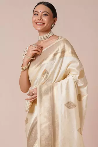 cream woven design zari banarasi silk blend saree