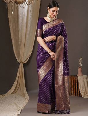 purple & gold-toned floral woven design zari banarasi silk blend saree 1