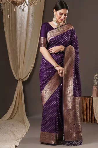 purple & gold-toned floral woven design zari banarasi silk blend saree