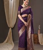 purple & gold-toned floral woven design zari banarasi silk blend saree