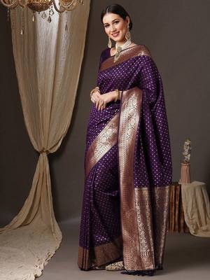 purple & gold-toned floral woven design zari banarasi silk blend saree 2