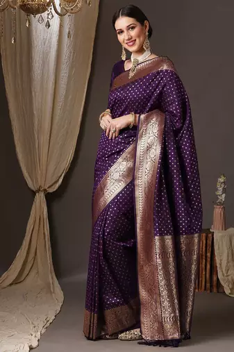 purple & gold-toned floral woven design zari banarasi silk blend saree
