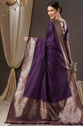 purple & gold-toned floral woven design zari banarasi silk blend saree