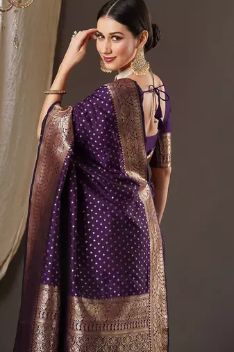 purple & gold-toned floral woven design zari banarasi silk blend saree