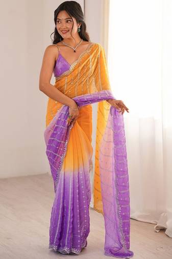 multicolor embellished sequinned satin heavy work saree