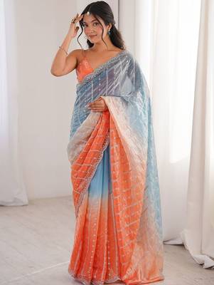multicolor embellished sequinned satin heavy work saree 1