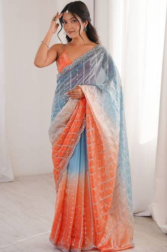 multicolor embellished sequinned satin heavy work saree