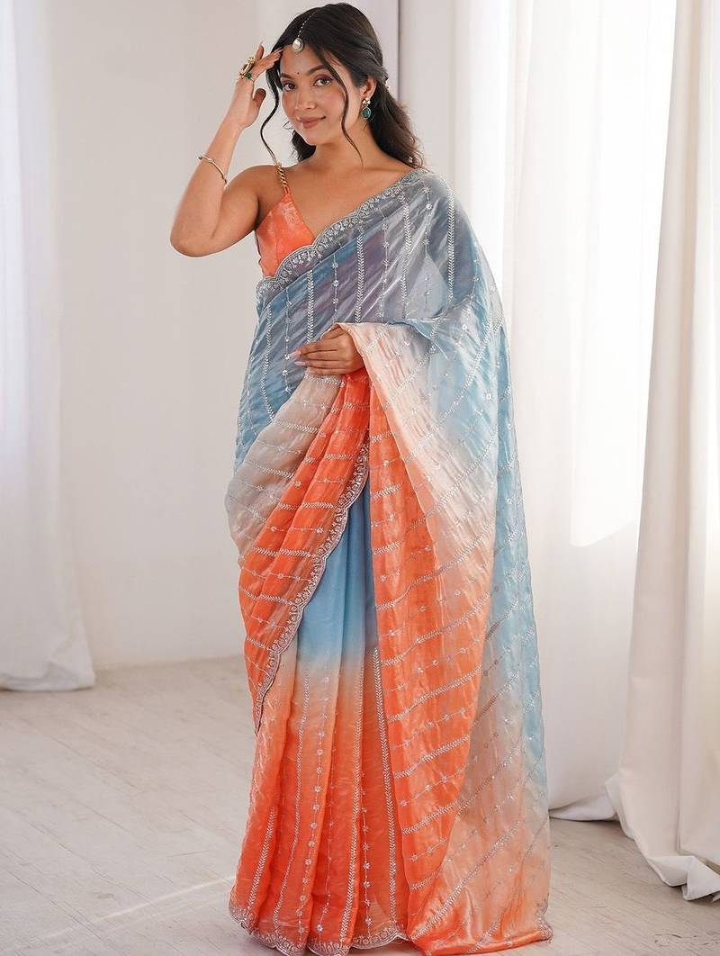 multicolor embellished sequinned satin heavy work saree