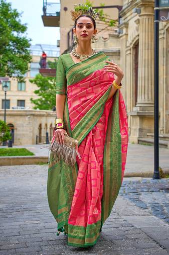 Pink woven design jaali silk blend banarasi saree
