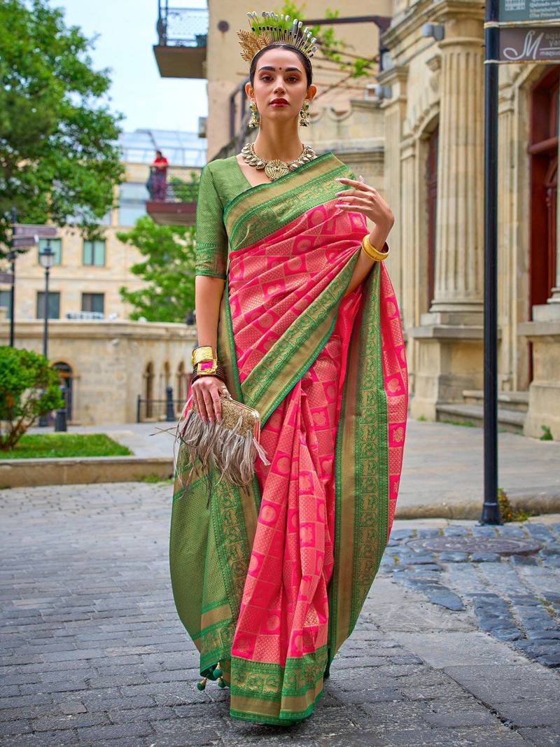 Pink woven design jaali silk blend banarasi saree