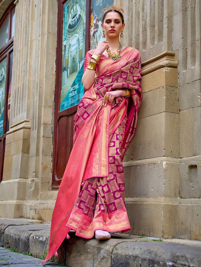 Magenta woven design jaali silk blend banarasi saree