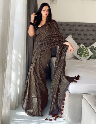brown striped cotton blend designer khadi saree 1