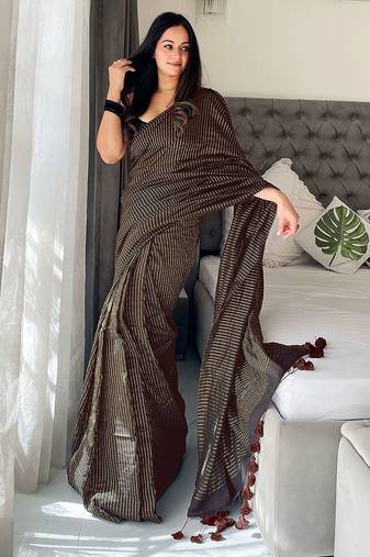 brown striped cotton blend designer khadi saree