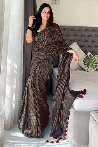 brown striped cotton blend designer khadi saree