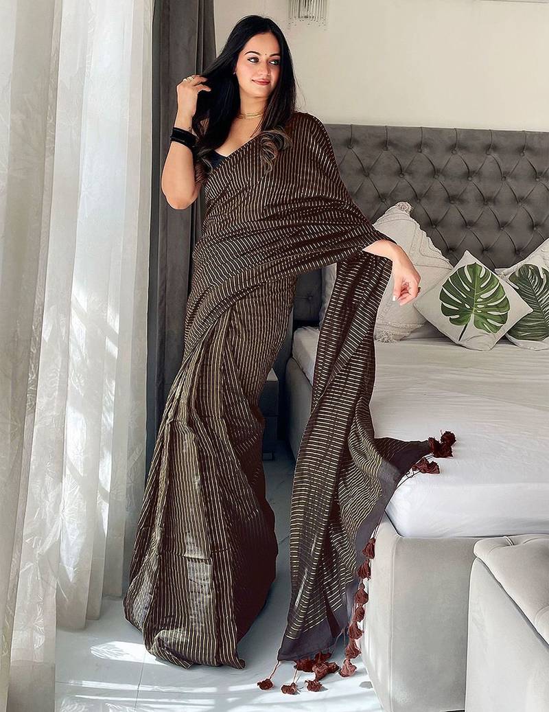 brown striped cotton blend designer khadi saree