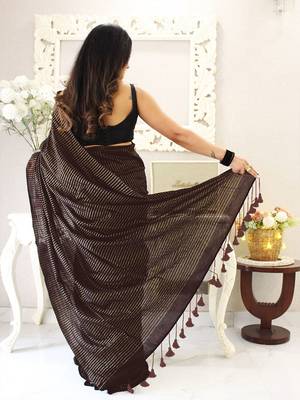 brown striped cotton blend designer khadi saree 2