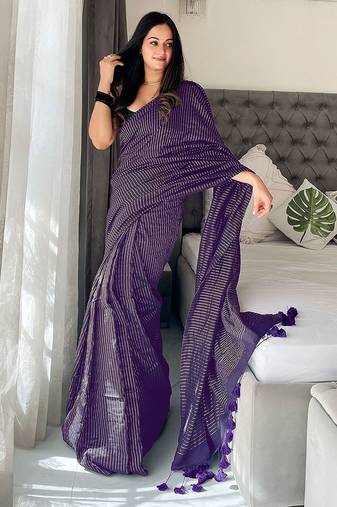 purple striped cotton blend designer khadi saree