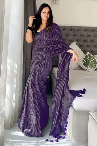 purple striped cotton blend designer khadi saree