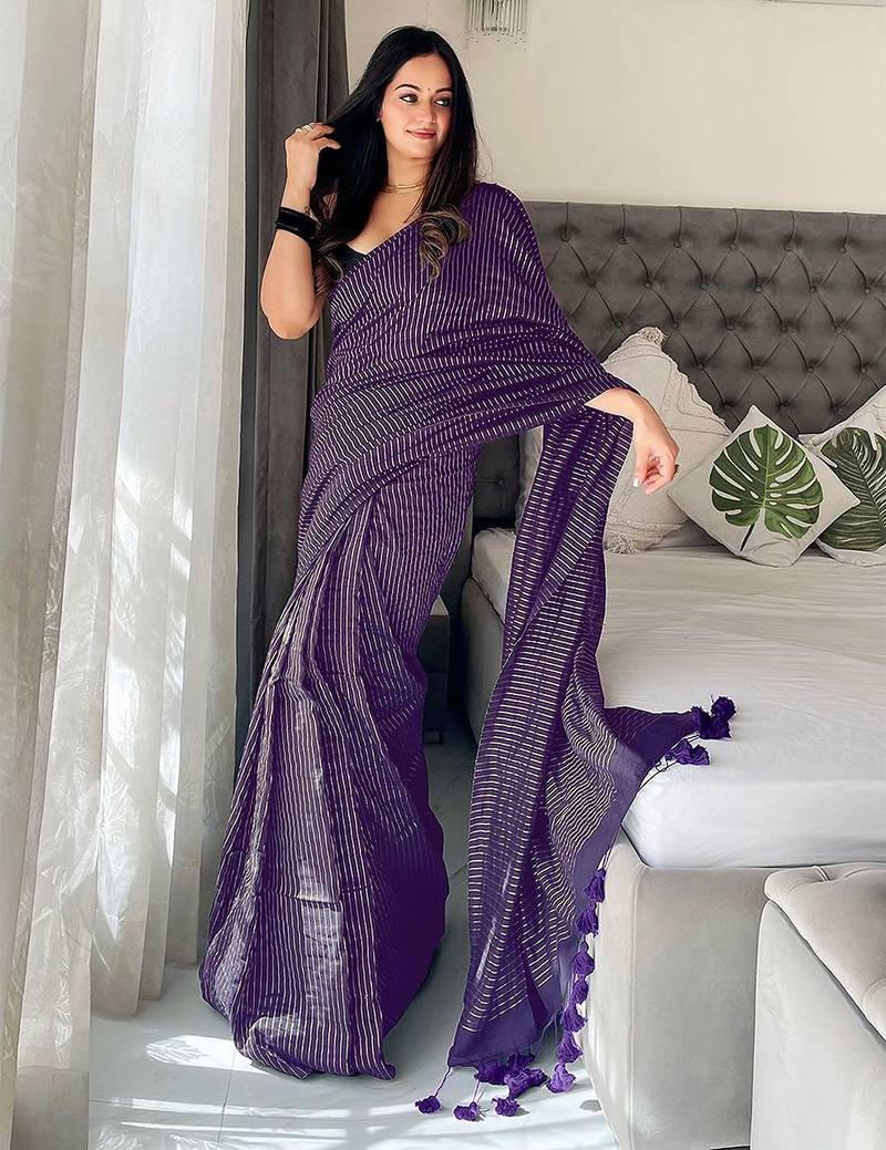 purple striped cotton blend designer khadi saree