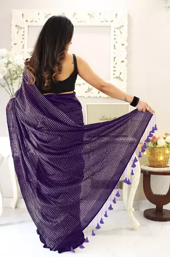 purple striped cotton blend designer khadi saree